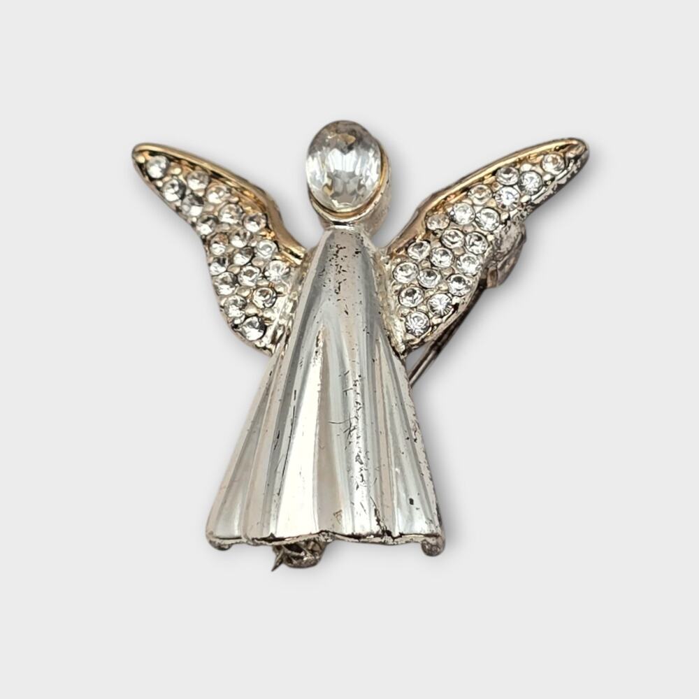 Monet Angel Brooch – Silver Rhinestone Wings – Holiday Christmas Pin